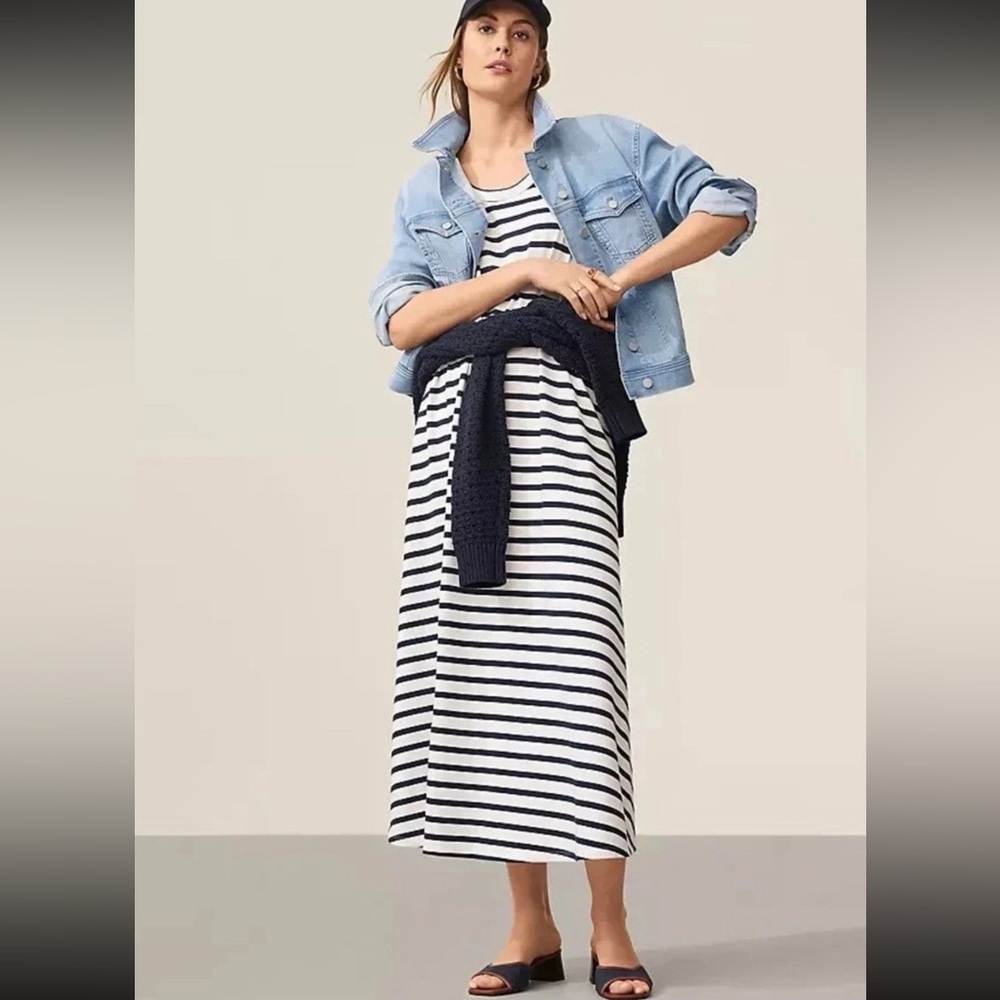 Ann Taylor Womens Sz M Striped AT Weekend Trapeze Swing Maxi Dress Navy White